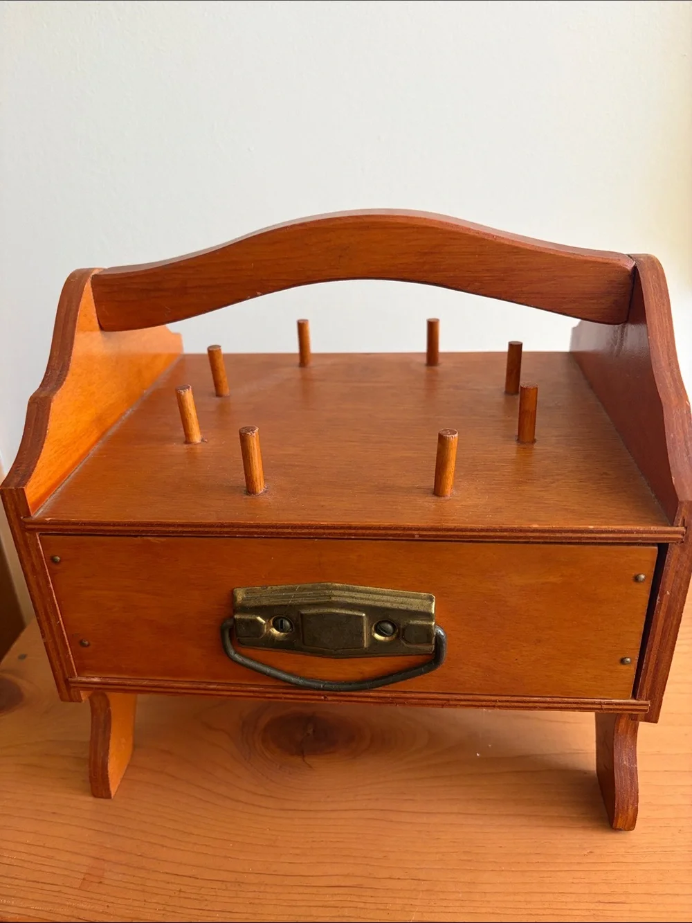 Wooden Peg Sewing Caddy Organizer in Warm Brown